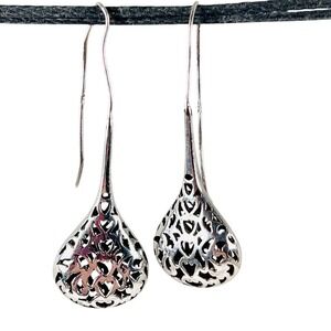 Antique 925 Sterling Silver Dangle Drop Hollow Heart Cutout Handcrafted Earrings
